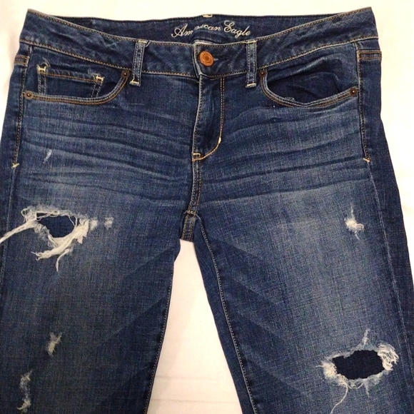 Woman's American Eagle Super Stretch Skinny Jeans Blue Denim Distressed size 10 - Picture 2 of 11